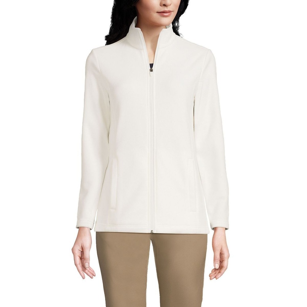 Lands End Fleece Jacket Womens Zip Up Coat Collared Pockets Cream Size‎ 14-16